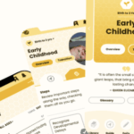 a smartphone shows three pages from the app. Two say early childhood and one says library.